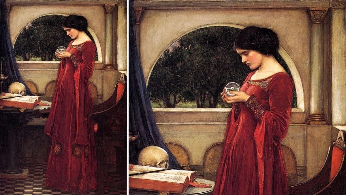 The Crystal Ball by John William Waterhouse is a painting of women looking at a crystal ball wearing a red dress.