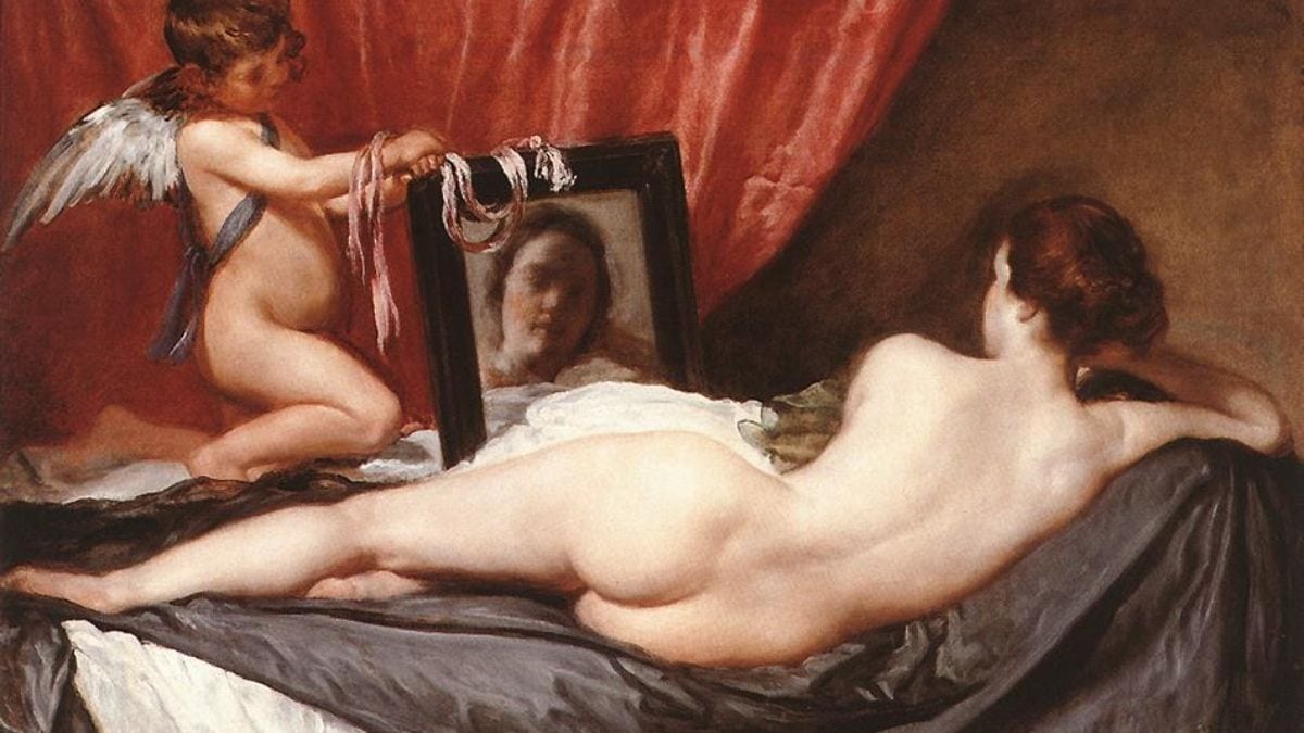 e Rokeby Venus By Diego Velázquez is a nude painting of a women who is looking at the mirror with her back to wards the audience.