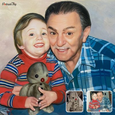 A compilation picture of a old man with a baby who is holding a soft toy in his hand which is created as a vintage portraits
