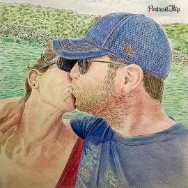 Pencil paintings where a man and a woman are kissing each other