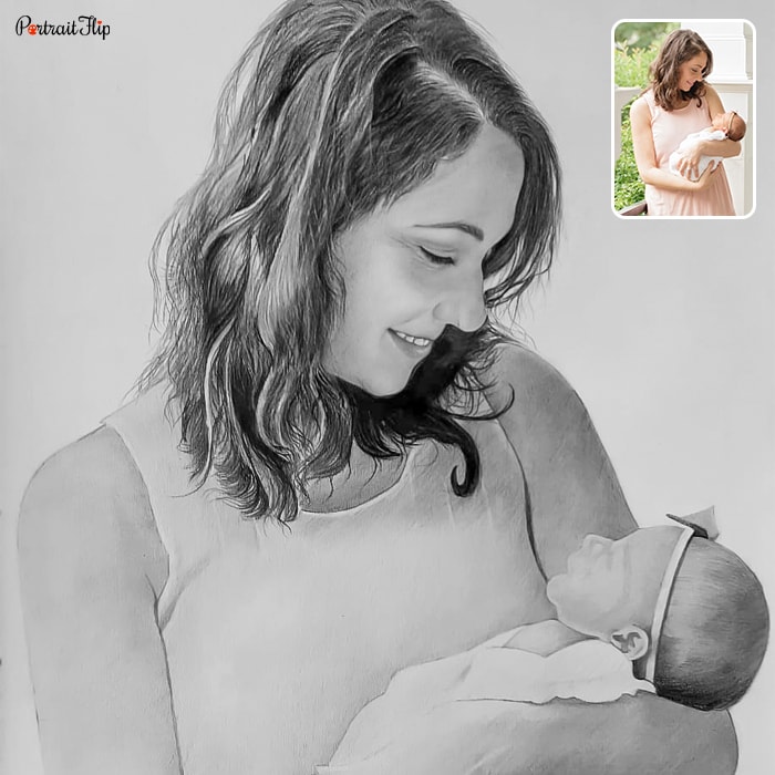 Picture of a woman holding her baby in arms that is converted into pencil paintings