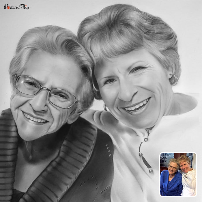Pencil paintings where two old woman are next to each other with their heads stick together