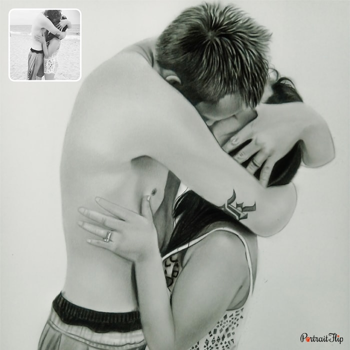 Black and white picture of a couple hugging and kissing each other with no ounce of their face shown is converted into pencil paintings