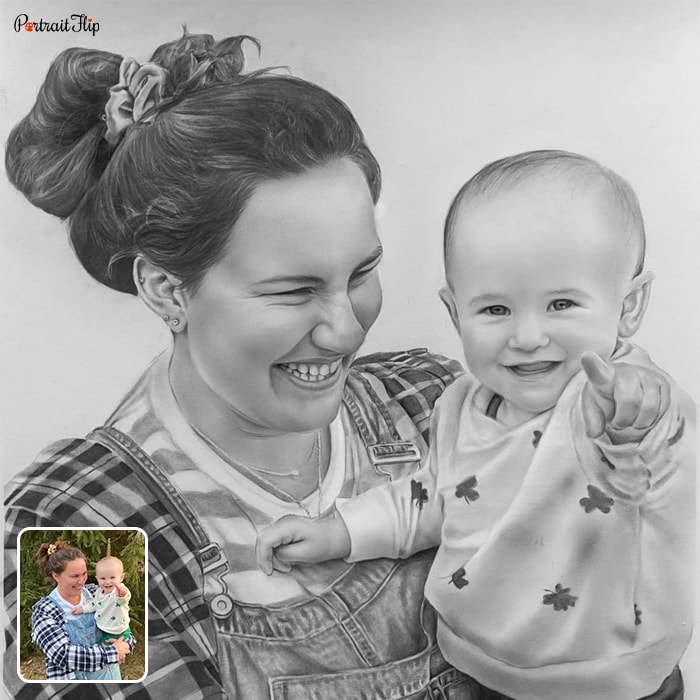 Pencil paintings where a woman is holding a baby in her arms