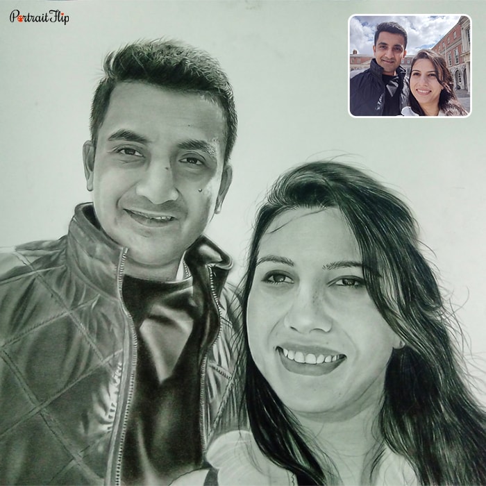 Picture of a woman taking selfie with a man is standing behind her is converted into pencil paintings