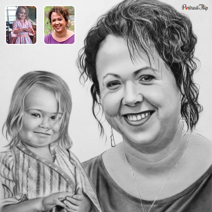 Compilation picture where a baby is placed next to a woman is converted into pencil paintings