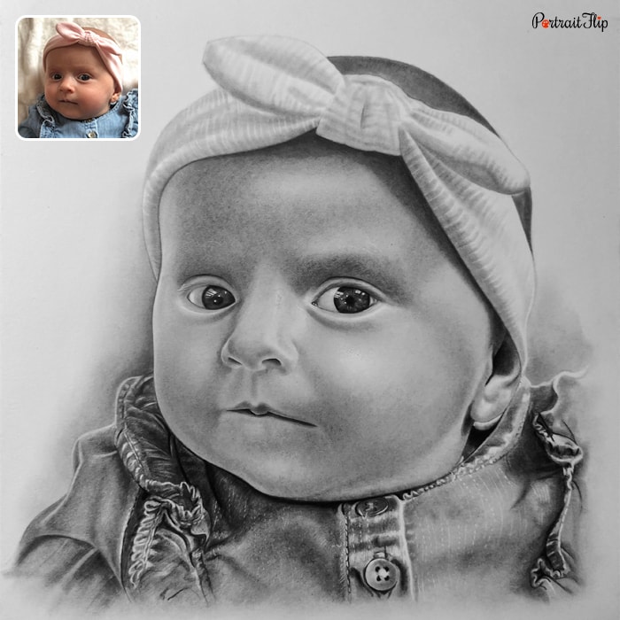 Close-up of a baby face that is converted into pencil paintings