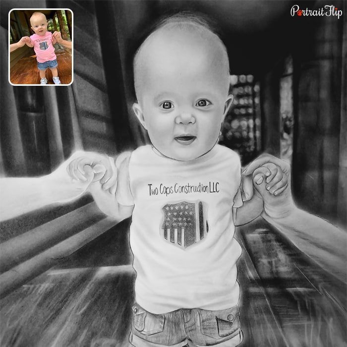 Pencil paintings where a baby is standing with two hands holding his palm