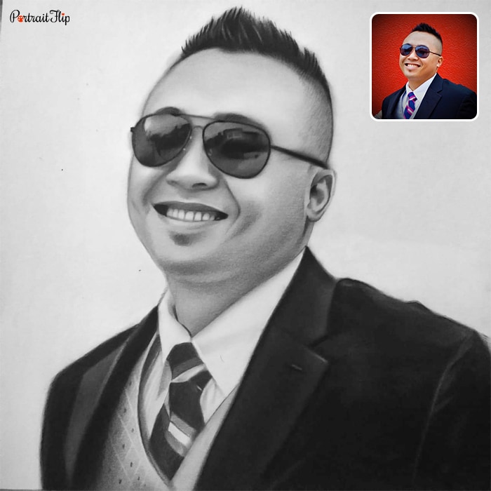 Picture of a man wearing goggles is converted into pencil paintings