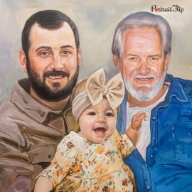 Pencil paintings of a baby girl who is sitting between two men, where one is younger than the other