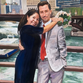 Pencil paintings of a couple where the woman's arms is around the man's neck