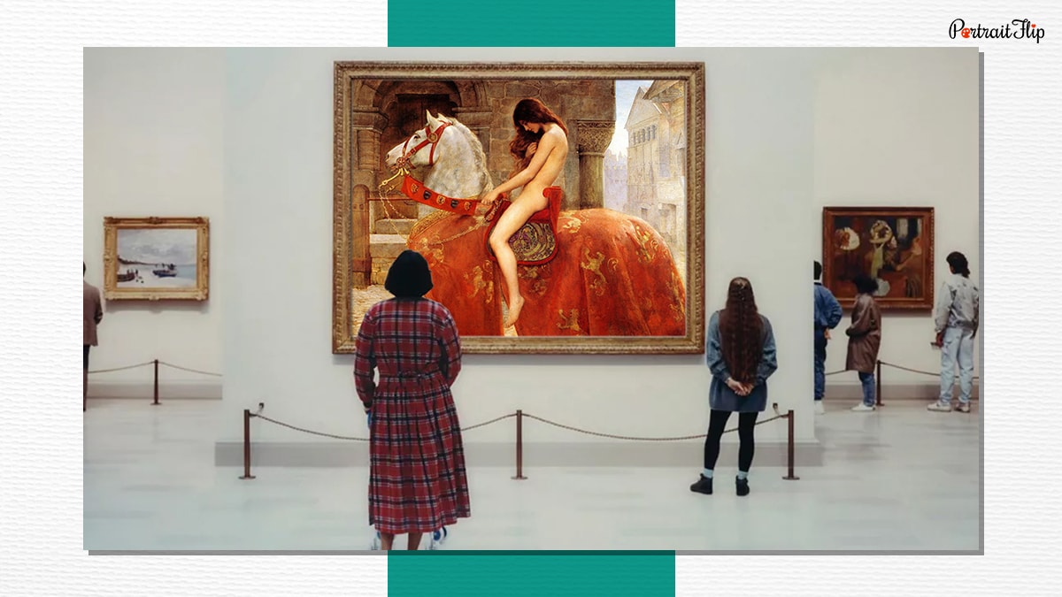 A mockup of museum showcasing Lady Godiva painting by John Collier