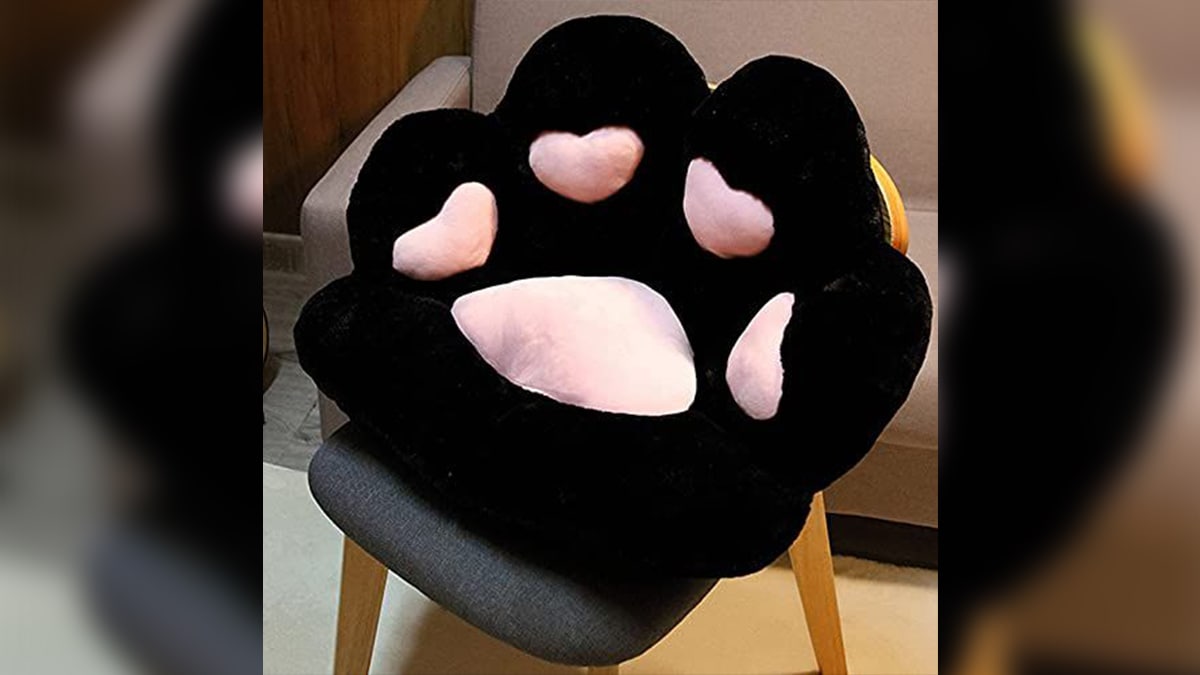 A paw shaped black and pink cushion kept on a chair.