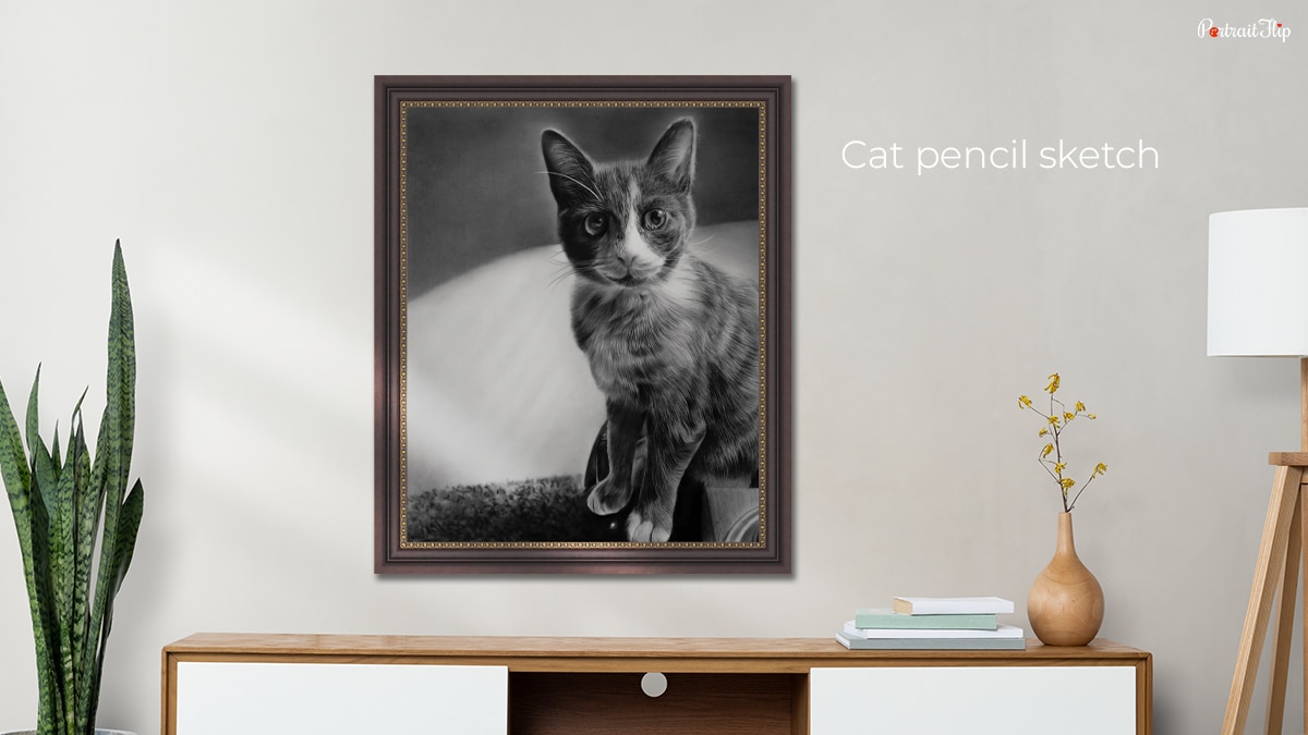 A cat pencil portrait kept in a room. 