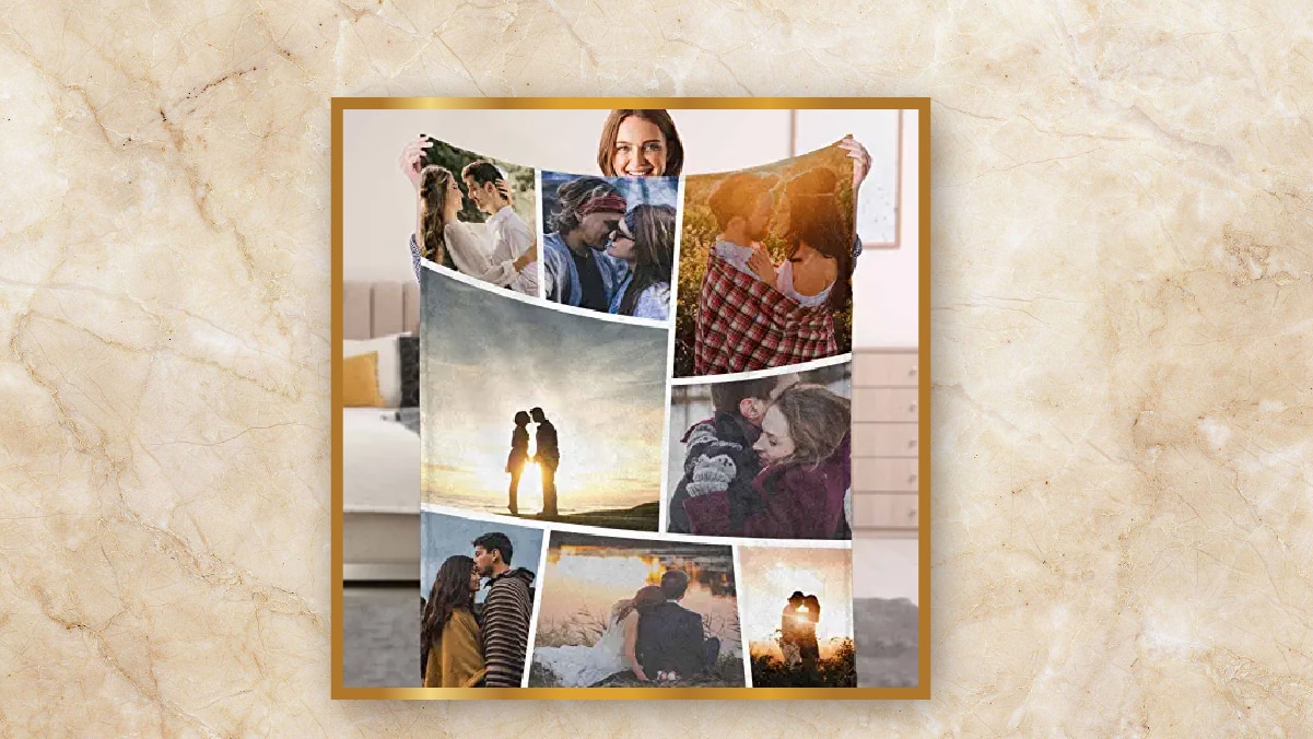 A women smiling and holding a photo blanket with her arms wide open with 8 couple photos on it as personalized wedding gifts. 
