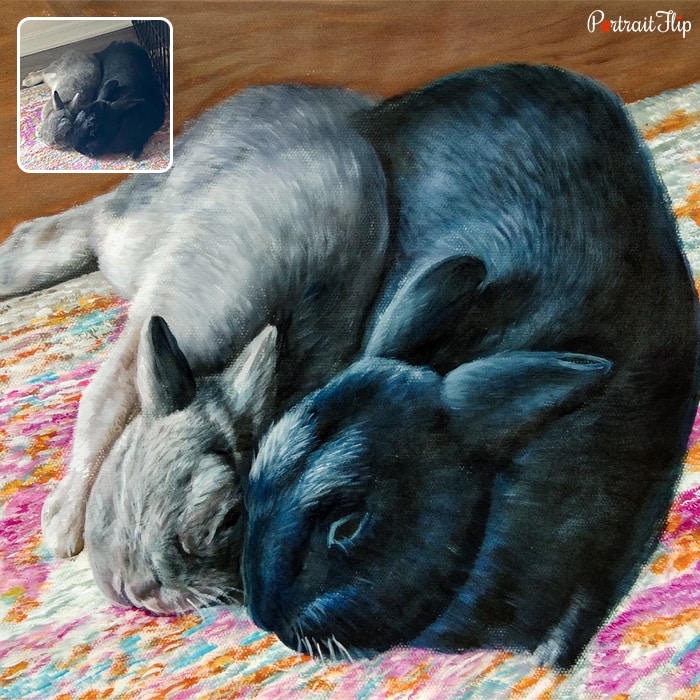 Picture of two rabbits snuggling into each other is converted into watercolor pet portraits