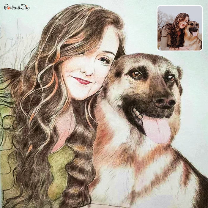 Colored pencil pet portraits where a woman is leaning towards her dog