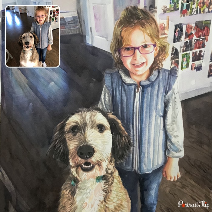 Picture of a young girl standing with her dog that is converted into pet portraits
