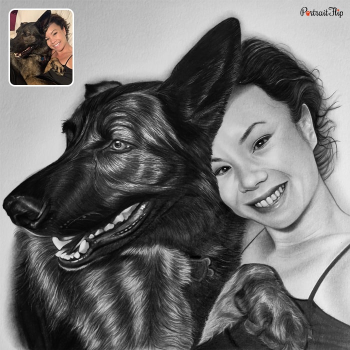 Black and white pet portraits where a girl is taking selfie with her dog