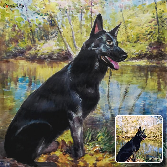 Picture of a dog standing near a lake is converted into watercolor pet portraits