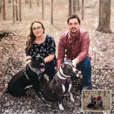 Picture of a man and a woman sitting with two dogs in front of them in a forest area is converted into valentine’s day paintings