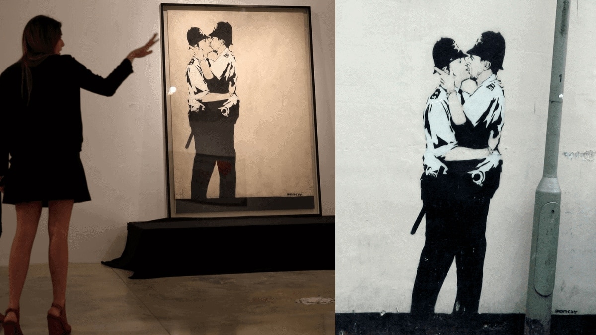 Kissing Coppers By Banksy (2004) as a sign of Romance in paintings. 