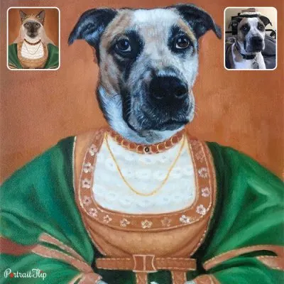 Compilation of two pictures into royal pet portraits that show image of a dog wearing a Egyptian outfit