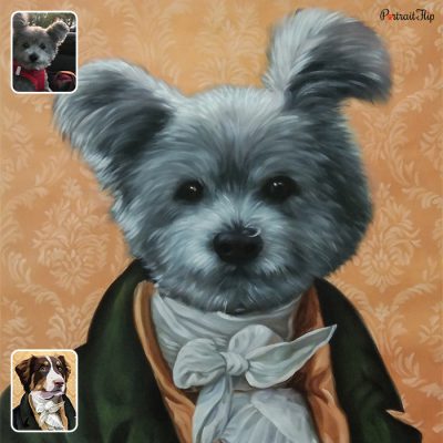 Compilation of two pictures into royal pet portraits that show image of a dog wearing a outfit