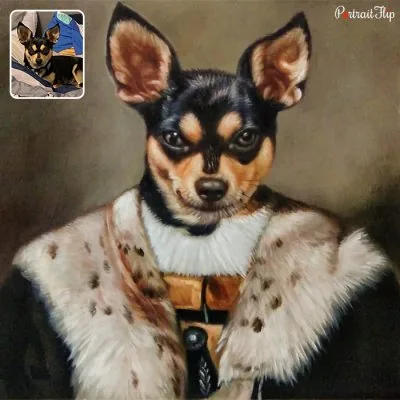 A royal pet portraits where a dog is wearing a fur coat