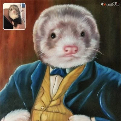 Royal pet portraits that show a ferret wearing a suit piece
