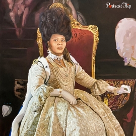 A royal pet portraits where a woman is sitting on a throne wearing a royal gown