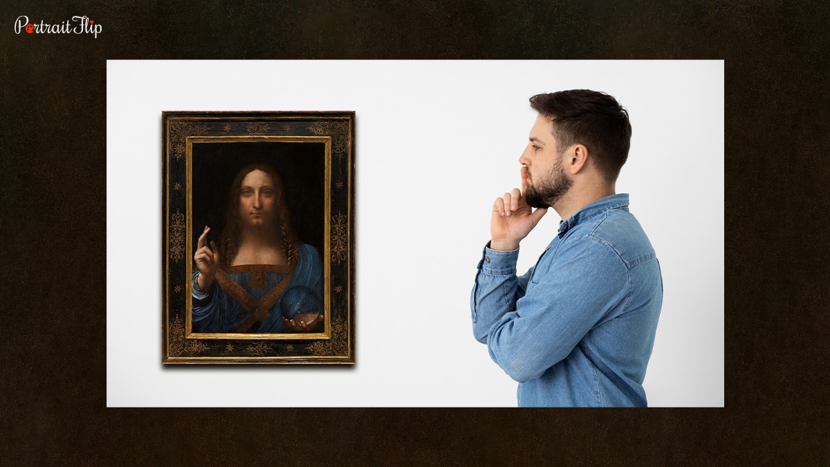 Salvator Mundi in a mockup image featuring a man thinking