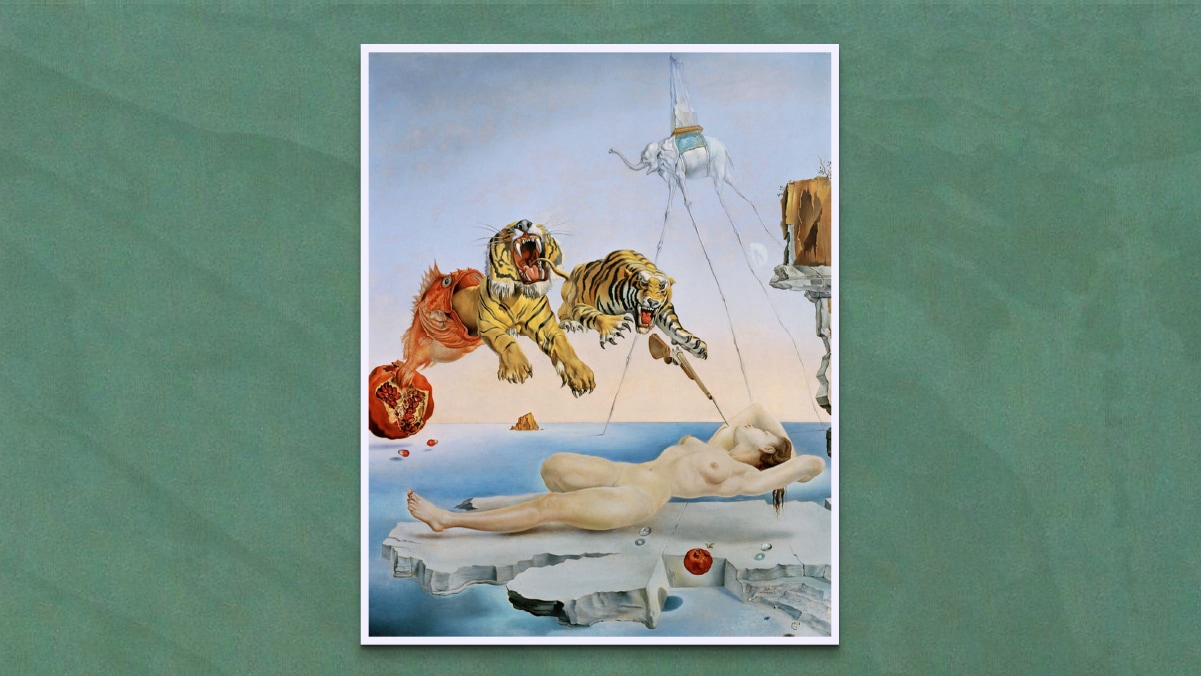 Surrealist painting, Dream Caused by the Flight of a Bee Around a Pomegranate a Second Before Awakening