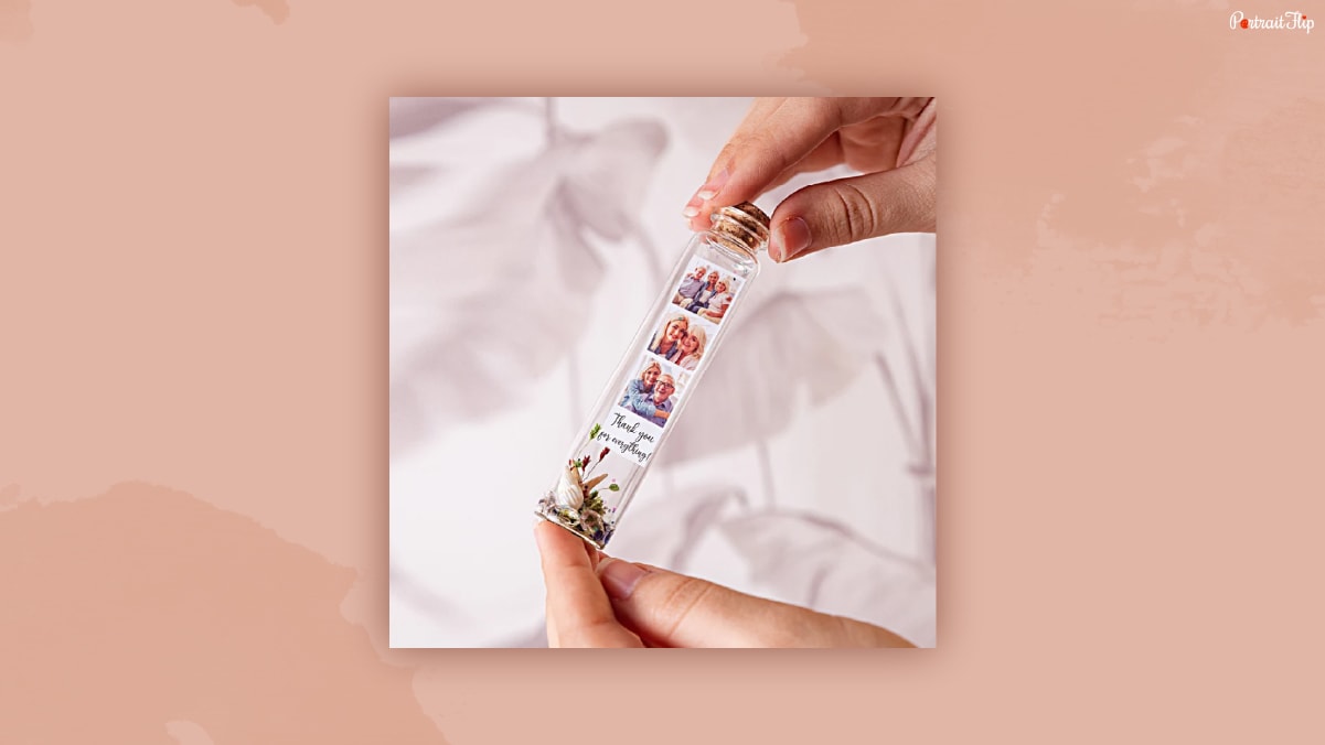 A small marine photo bottle that consist of pictures with a thank you message that could be one of the thank-you gifts for women.