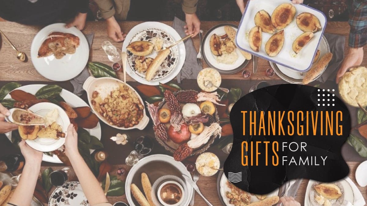 a group of people shown having thanksgiving dinner with the words written thanksgiving gifts for family