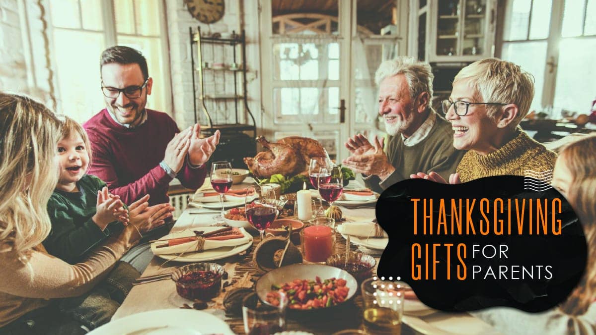 a group of people shown having thanksgiving dinner with the words written thanksgiving gifts for parents