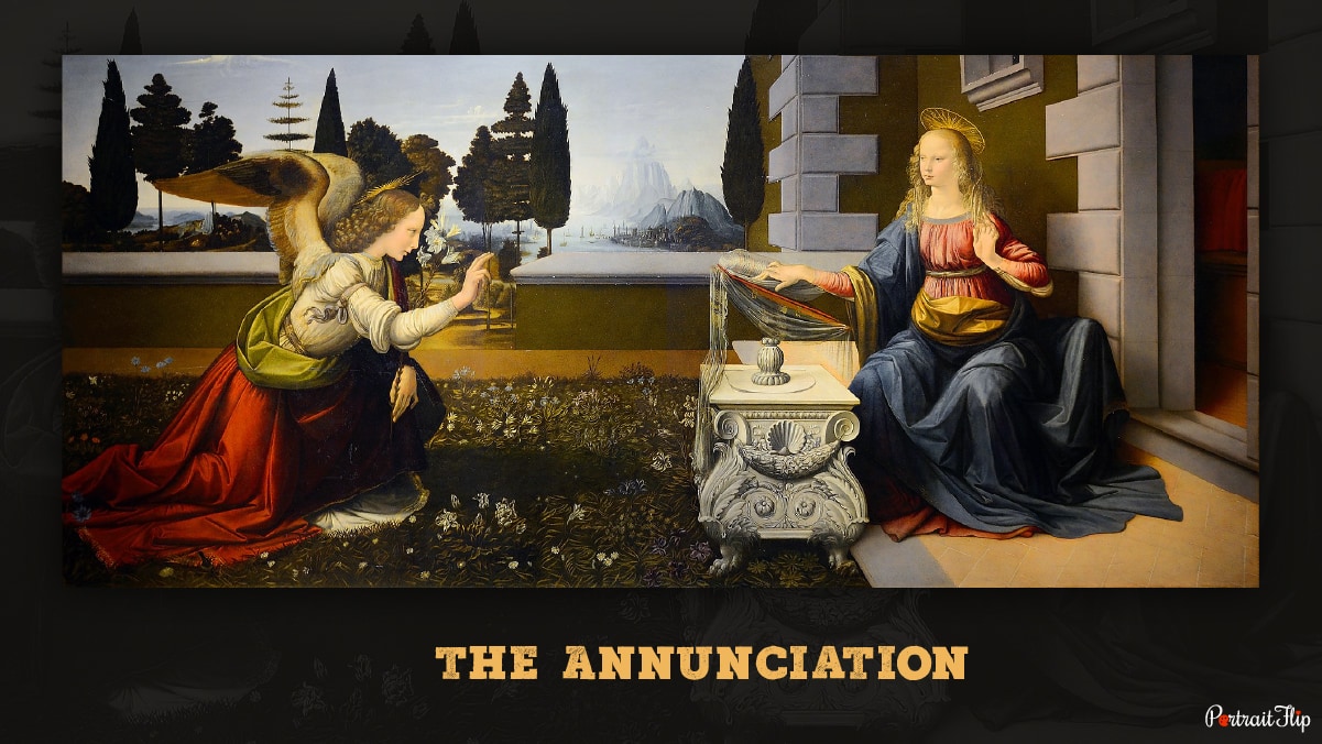 Portrait of one of the famous paintings by Leonardo da Vinci, "The Annunciation."