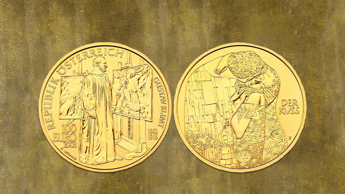 Back and front view of 100 Euro gold coin introduced by the Austrian mint that also depicts The Kiss by Gustav Klimt.