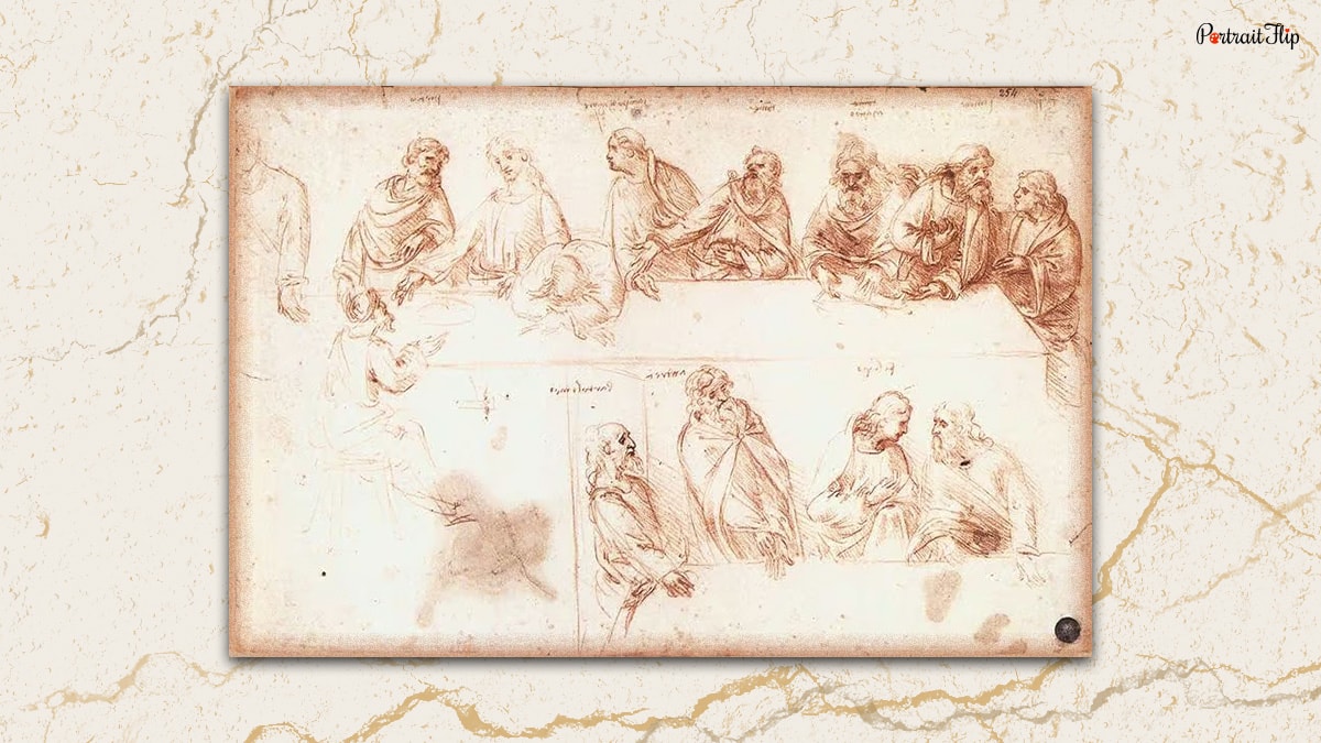 The preparatory sketch by Leonardo before creating The Last Supper painting