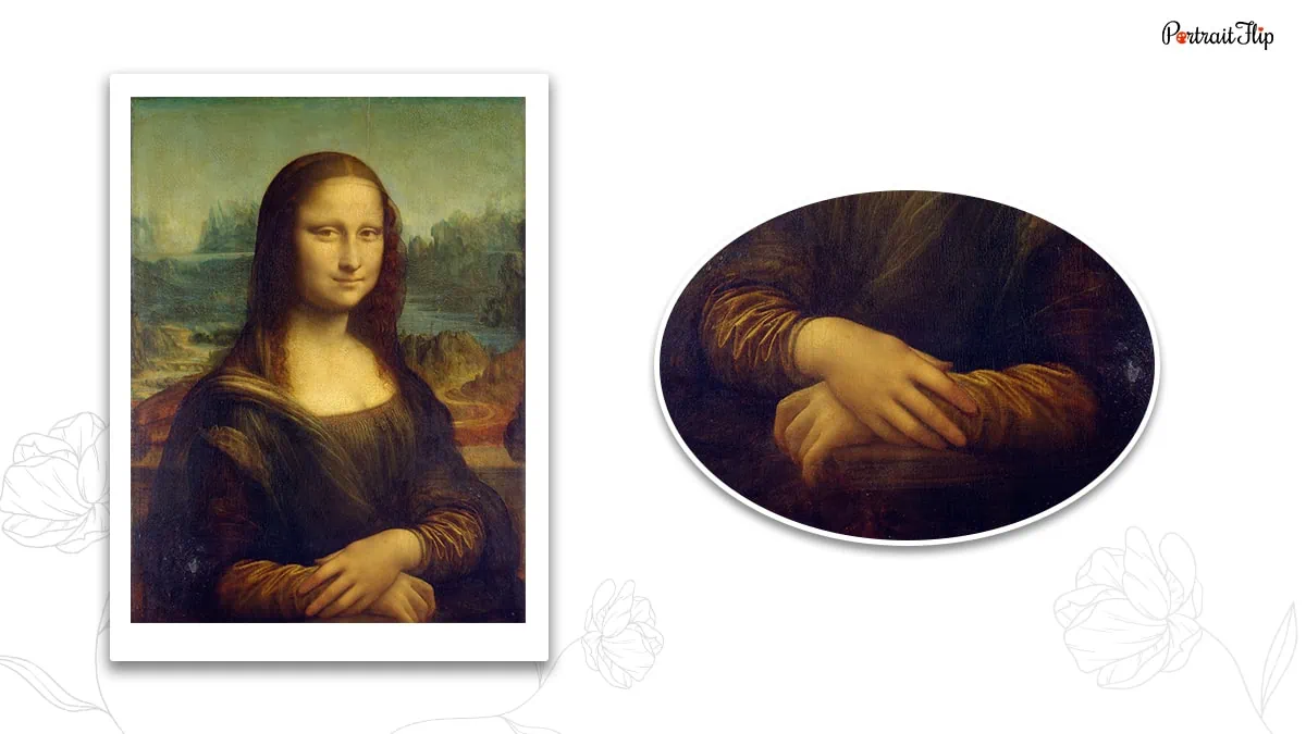 the close-up shot of Mona Lisa folded hands