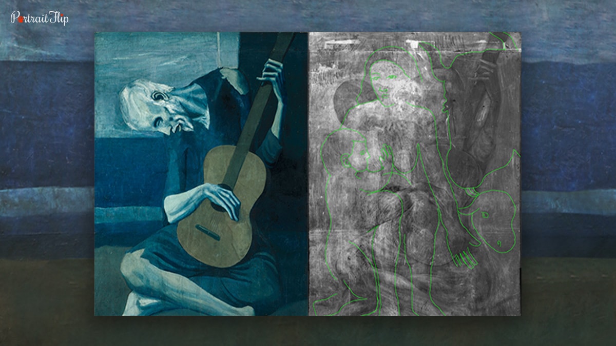 Collage of the painting The Old Guitarist and x-ray of the Old Guitarist