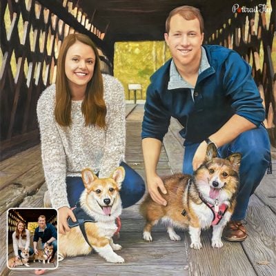 Couple valentine’s day paintings of a man and a woman sitting with their two dogs in a tunnel like background