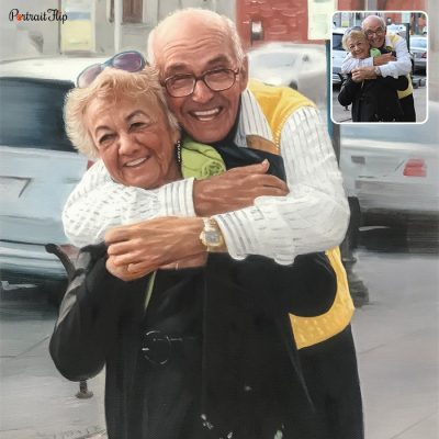 A old couple where the man is hugging the woman from behind is created as a acrylic valentine’s day paintings