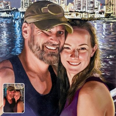 A close up shot of a man and a woman taking selfie in a background of city which is converted into a acrylic valentine’s day paintings