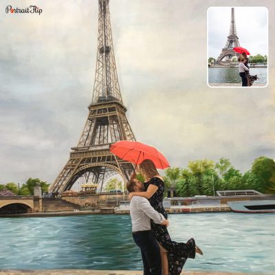 Picture of a couple posing in front of the famous Eiffel tower where the man is lifting woman in his arms with a red umbrella in the hands of the lady is converted into a acrylic valentine’s day paintings