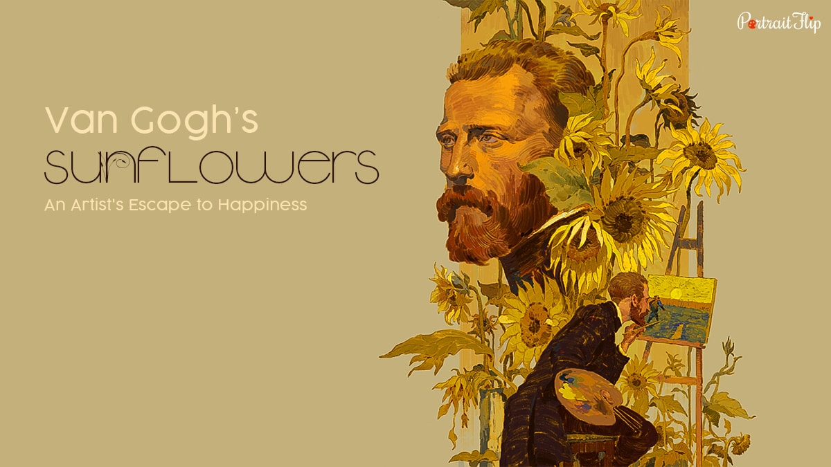 A collage of Van Gogh's Sunflowers on a yellow background.
