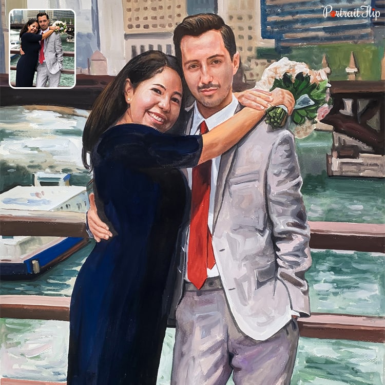 A watercolor paintings of a couple where woman is giving side hug to the man