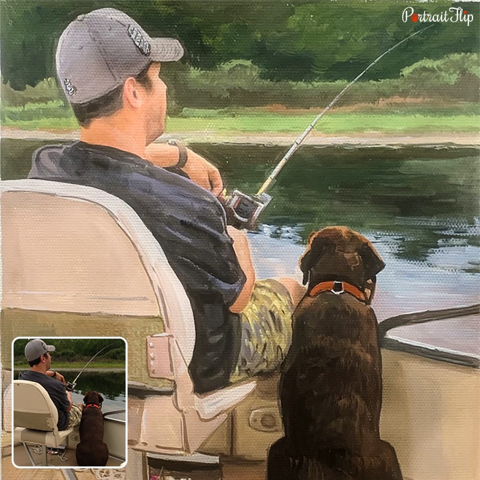 A photo of a man and a dog facing their back while fishing is converted into a watercolor paintings