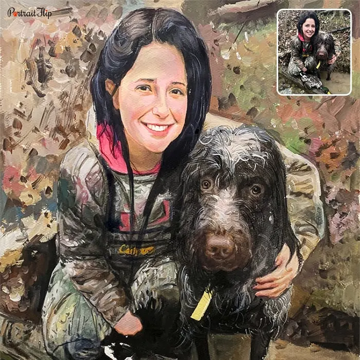 A picture of woman with her dog which is converted into handmade watercolor paintings