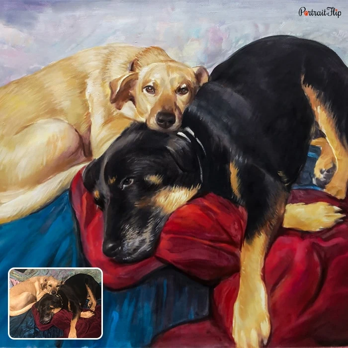 A watercolor paintings of two dog where one is lying on the other one